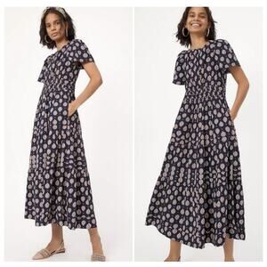 Anthropologie x Maeve Somerset Tiered Maxi Dress Pockets Blue Motif XS